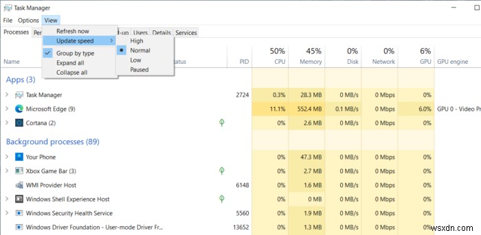 Windows 10에서 작업 관리자 데이터 업데이트 속도를 변경하는 방법 