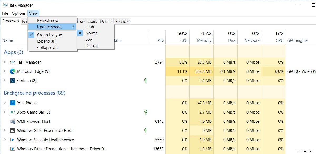 Windows 10에서 작업 관리자 데이터 업데이트 속도를 변경하는 방법 