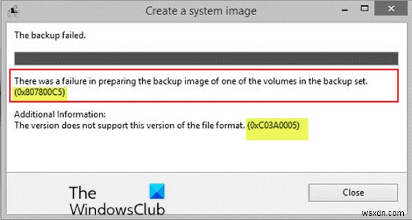 시스템 이미지 백업 실패, 오류 코드 0x807800C5, 0xC03A0005 