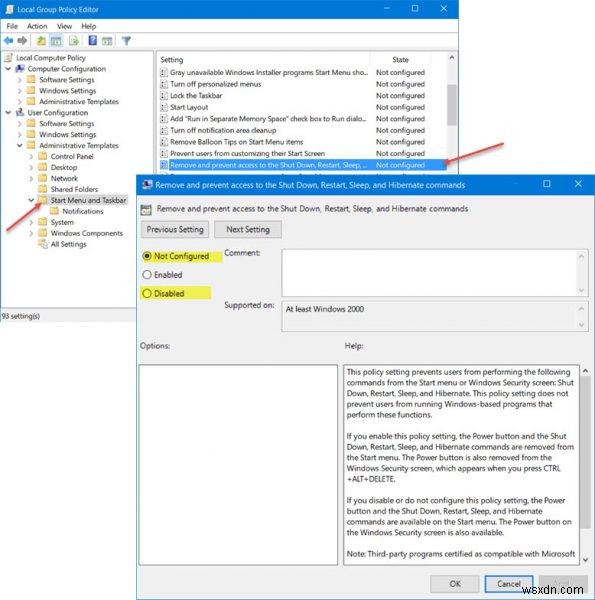 Windows 11/10의 시작 메뉴에서 전원 옵션(절전, 종료, 다시 시작)이 누락됨 