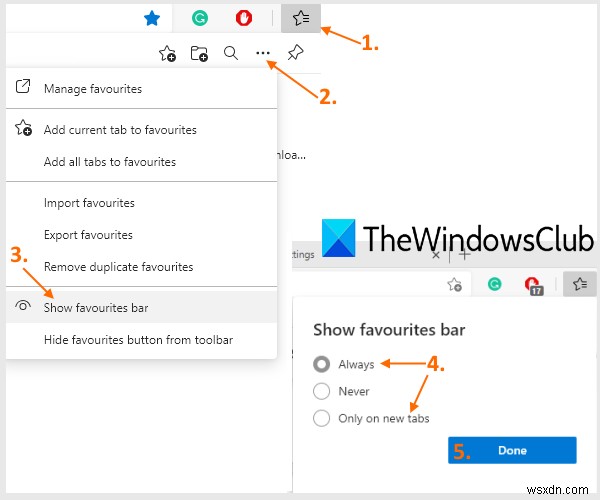 Windows 10의 Microsoft Edge에서 즐겨찾기 모음을 표시하는 방법 