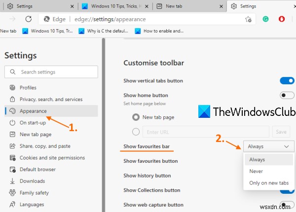 Windows 10의 Microsoft Edge에서 즐겨찾기 모음을 표시하는 방법 