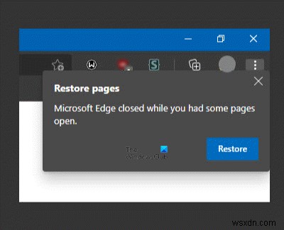 Edge 브라우저에서 페이지 복원 알림을 비활성화하는 방법 