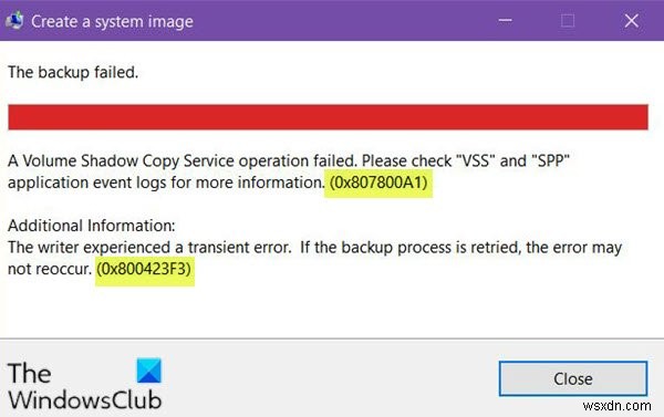 Windows 10에서 시스템 이미지 백업 오류 0x807800A1, 0x800423F3 수정 