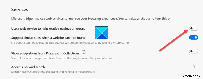 Microsoft Edge에서  웹 서비스를 사용하여 탐색 오류 해결  활성화 또는 비활성화 