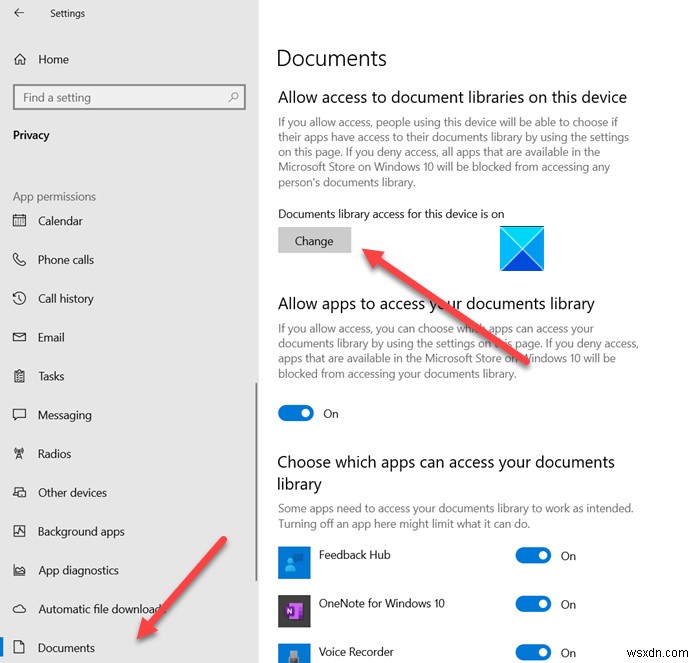 Windows 11/10에서 앱의 문서 라이브러리 액세스 허용 또는 비활성화 