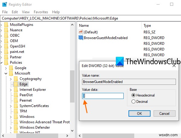 Windows 10 레지스트리를 사용하여 Microsoft Edge에서 게스트 모드 활성화 또는 비활성화 