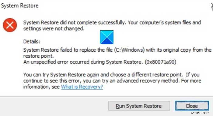 시스템 복원이 성공적으로 완료되지 않았습니다. 오류 코드 0x80071a90 