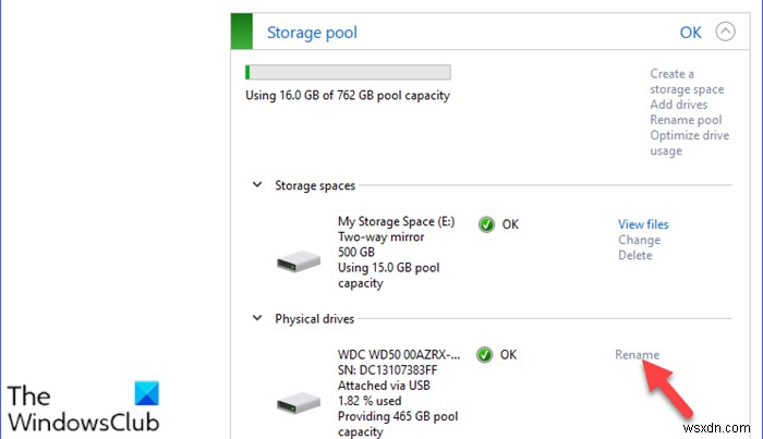 Windows 10에서 저장소 공간에 대한 저장소 풀의 물리적 드라이브 이름을 바꾸는 방법 
