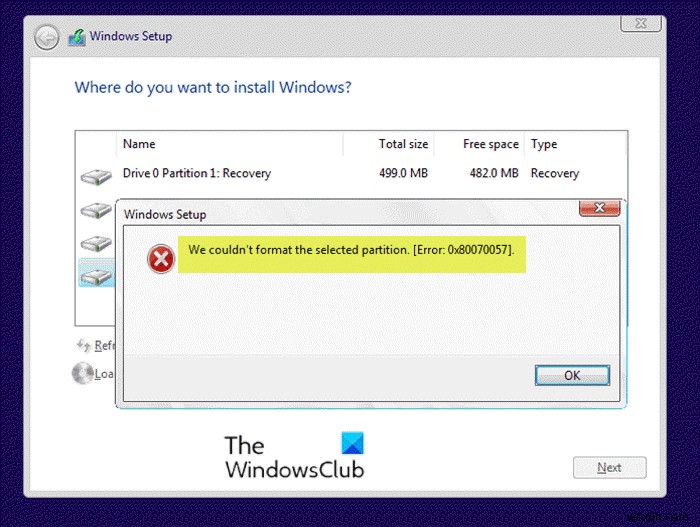 선택한 파티션을 포맷할 수 없습니다 – 오류 0x80070057 