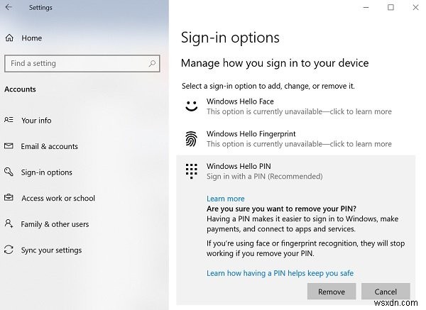 Windows 11/10에서 PIN 로그인을 제거하는 방법 
