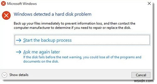 Windows에서 하드 디스크 문제를 감지했습니다. 