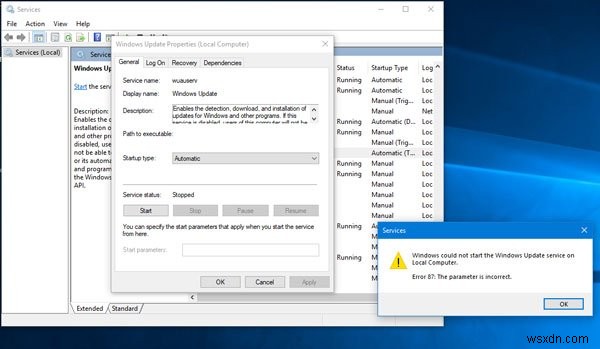 Windows가 로컬 컴퓨터에서 Windows 업데이트 서비스를 시작할 수 없습니다. 