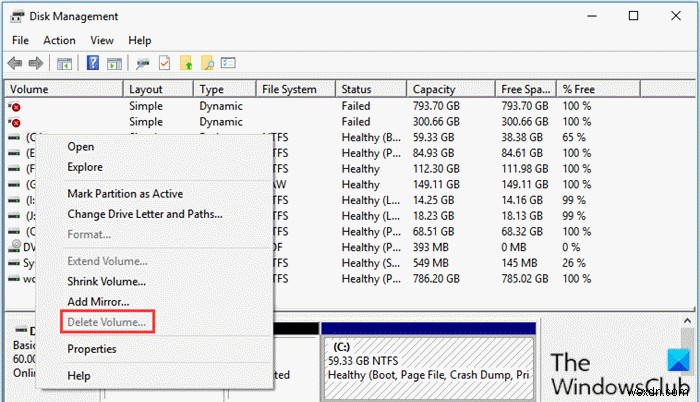Windows 11/10에서 볼륨 삭제 옵션이 회색으로 표시되므로 디스크 파티션을 삭제할 수 없습니다. 