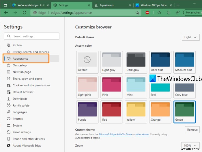 Microsoft Edge에서 강조 색상을 활성화하고 사용하는 방법 