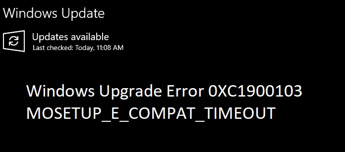 Windows 업그레이드 오류 0XC1900103, MOSETUP E COMPAT 시간 초과 