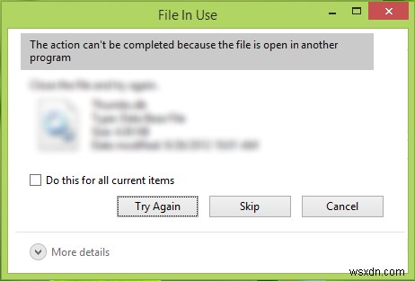 사용 중인 파일, 파일이 다른 프로그램에서 열려 있으므로 작업을 완료할 수 없습니다. 