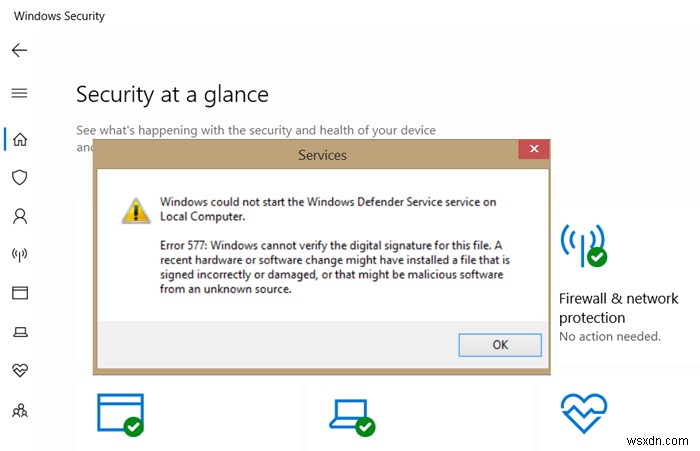Windows Defender 오류 577, 디지털 서명을 확인할 수 없음 