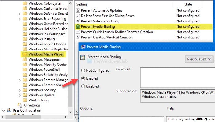 사용자가 Windows Media Player를 통해 미디어를 공유하지 못하도록 하는 방법 
