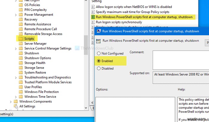 사용자 로그온, 로그오프, 시작 및 종료 시 Windows PowerShell 스크립트를 먼저 실행 