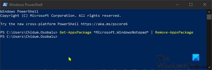 Windows 11/10에서 PowerShell, 명령 프롬프트 또는 설정 앱을 사용하여 메모장 제거 