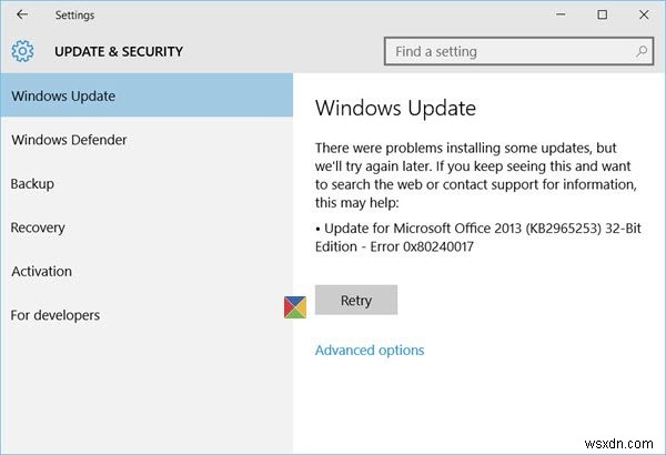 Windows 업데이트를 다운로드하거나 설치하는 동안 오류 0x80240017 