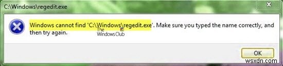 Windows에서 C:/Windows/regedit.exe를 찾을 수 없습니다. 