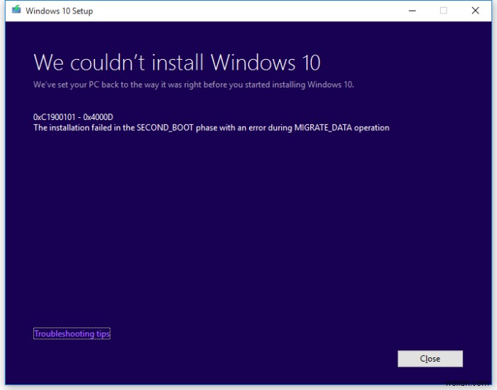 Windows 업그레이드 오류 0xC1900101 수정 – 0x4000D 