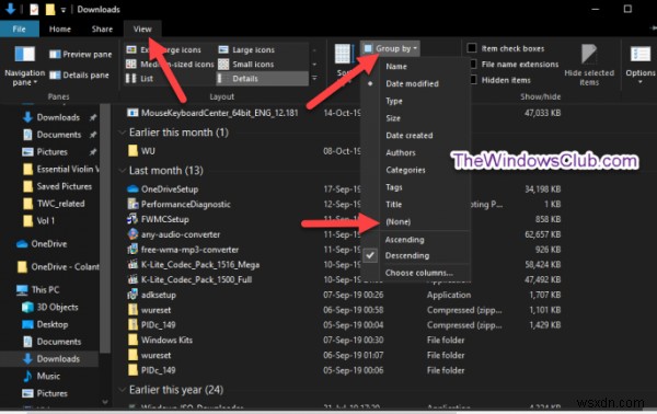 Windows 11/10의 다운로드 폴더에서 날짜별 그룹화 및 정렬 제거 