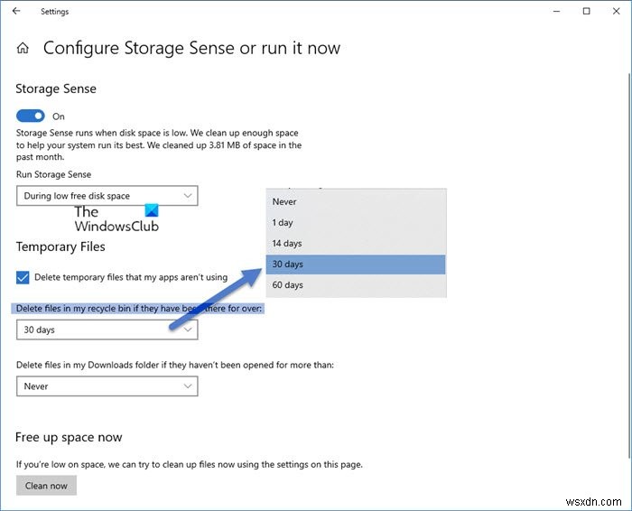 Windows 10에서 Storage Sense를 사용하여 다운로드 폴더 및 휴지통의 파일을 자동으로 삭제 