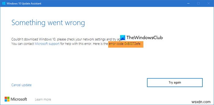 Windows 10 업데이트 도우미에서 오류 0x80072efe 수정 