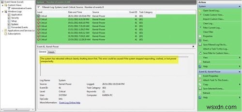 커널 전원 이벤트 ID 41 오류, 시스템이 완전히 종료되지 않고 재부팅되었습니다. 