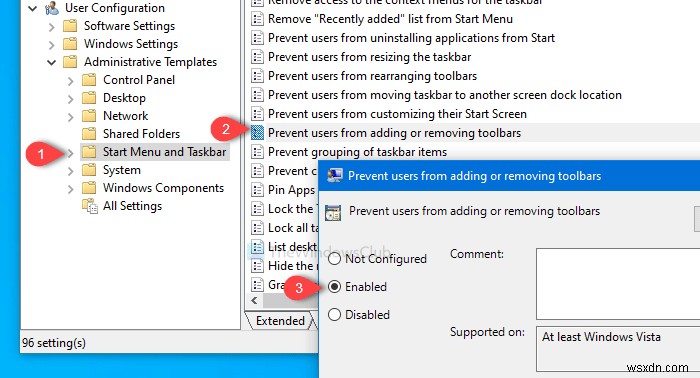 사용자가 Windows 작업 표시줄에서 도구 모음을 추가, 제거 및 조정하지 못하도록 방지 