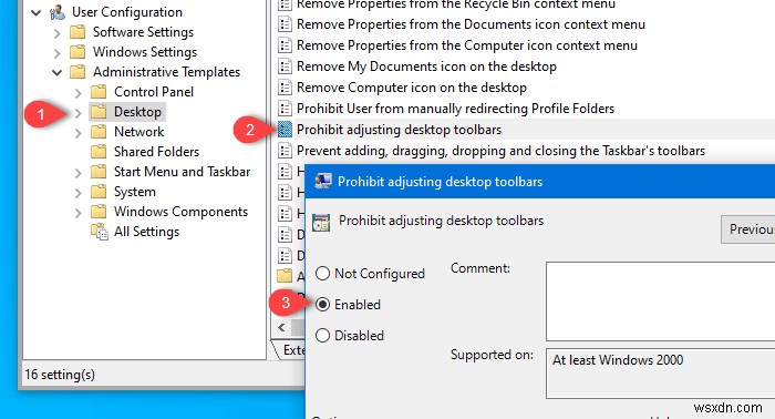 사용자가 Windows 작업 표시줄에서 도구 모음을 추가, 제거 및 조정하지 못하도록 방지 