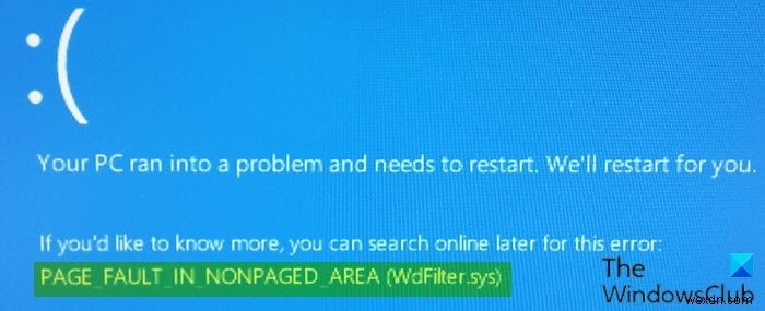 비페이지 영역의 페이지 오류(WdFilter.sys) Windows 10의 블루 스크린 오류 