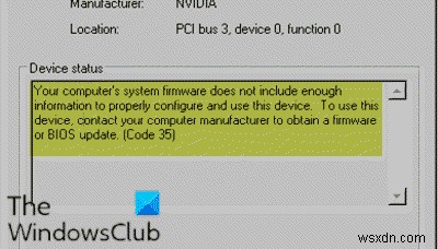 컴퓨터의 시스템 펌웨어에 이 장치를 올바르게 구성하고 사용하는 데 필요한 정보가 충분하지 않습니다(코드 35). 