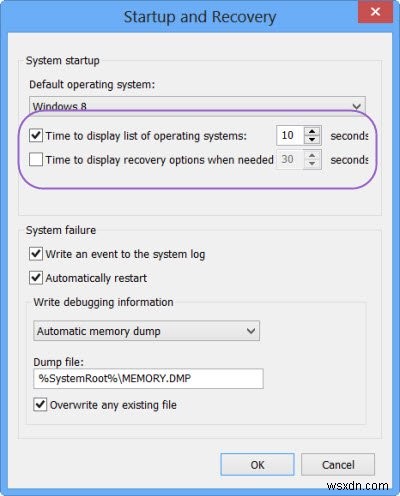 Windows 10에서 운영 체제 및 복구 옵션 목록을 표시하도록 시간 변경 