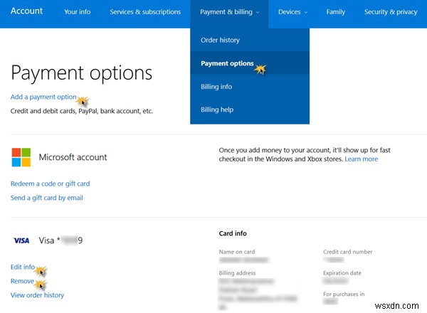 Windows 10의 Microsoft Store에서 결제 방법 추가, 편집, 신용 카드 제거 