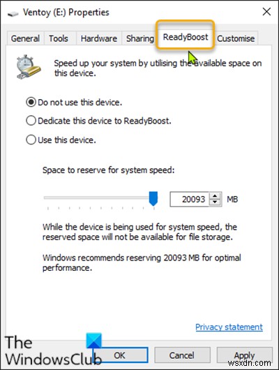 Windows 10의 드라이브 속성에서 ReadyBoost 탭을 추가하거나 제거하는 방법 