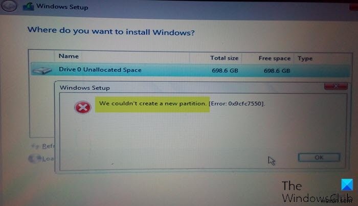 Windows 설치 중 새 파티션 오류를 생성할 수 없습니다. 