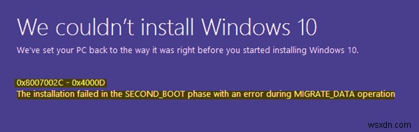 Windows 11/10을 설치할 수 없습니다. 오류 0x8007002C – 0x400D 