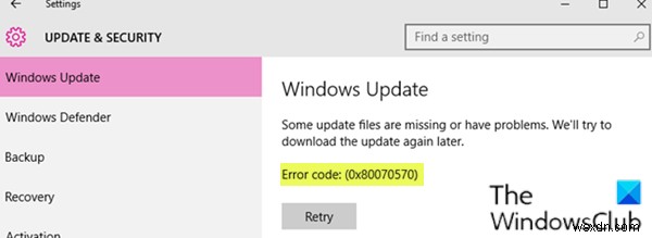 오류 0x80070570, 일부 업데이트 파일이 없거나 문제가 있습니다. 
