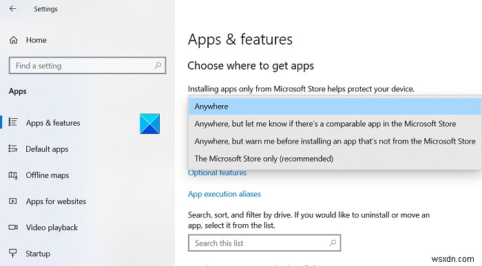 Windows 10 설정에서 앱을 가져올 위치 선택 옵션이 회색으로 표시됩니다. 