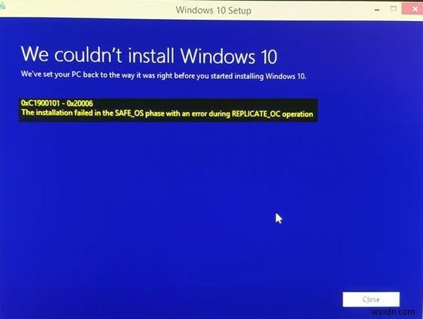 Replicate_OC 작업 중 오류로 SAFE_OS 단계에서 설치 실패, 0xC1900101 – 0x20006 
