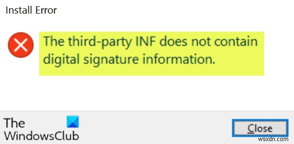 타사 INF에는 디지털 서명 정보가 포함되어 있지 않습니다. 