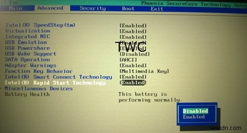 시스템에 Intel Rapid Start Technology가 활성화되어 있지 않은 것 같습니다. 