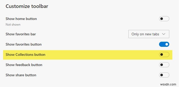 Microsoft Edge 브라우저에서 컬렉션 버튼을 표시하거나 숨기는 방법 