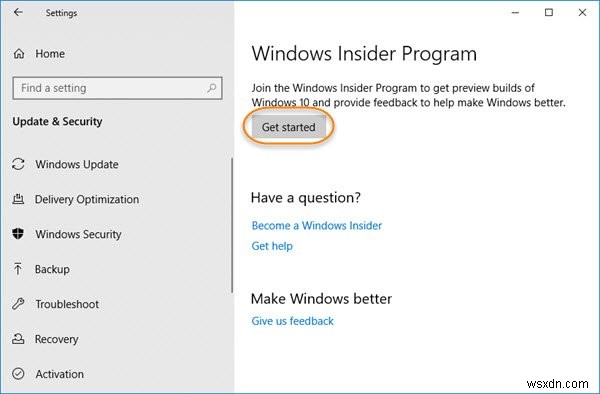 시작하기 버튼이 회색으로 표시됩니다. Windows Insider Preview 빌드를 가져올 수 없음 