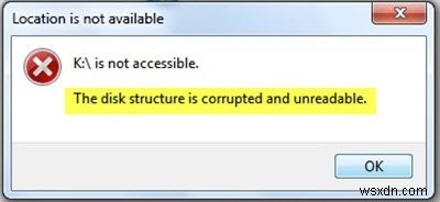 Windows 10에서 디스크 구조가 손상되어 읽을 수 없습니다. 