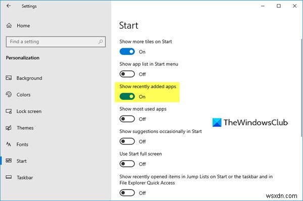 Windows 11/10의 시작 메뉴에서 최근에 추가한 앱 그룹 표시, 숨기기 